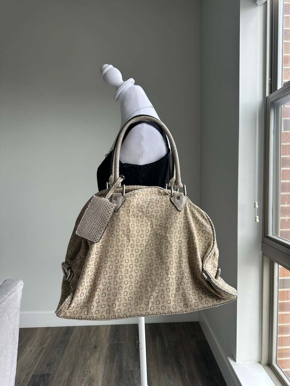 Guess Tan Oversized Monogram Slouchy Shoulder Bag Y2K